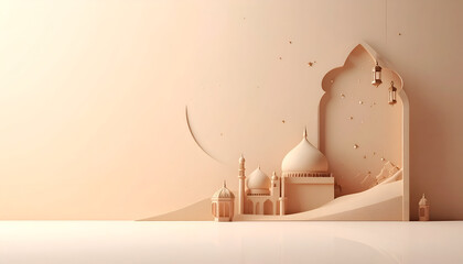 Desert Themed Paper Cut Mosque Landscape on Sand Hill