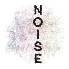 Noise wording with distorted outlines in black and a messy scribble lines background in various colours with a white base background.