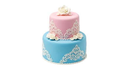Two Tier Pink and Blue Fondant Cake with White Icing Decorations