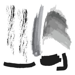 This abstract, monochromatic image displays various artistic elements on a white background. The composition features vertical columns of black speckles on the left, a vertical gray gradient 