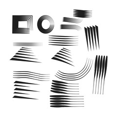 This image displays a collection of abstract graphic elements, each formed by parallel black lines. The shapes range from geometric forms like a square and circle to dynamic curves and tapered lines. 