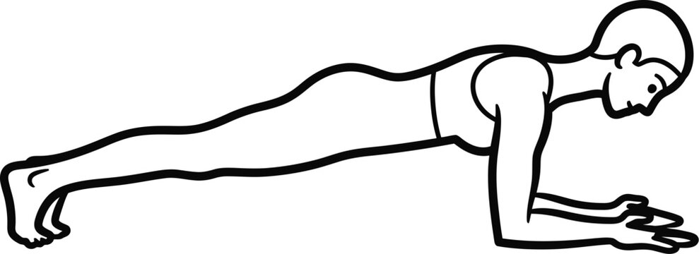 Simple line art illustration depicting a woman performing a proper forearm plank exercise pose for core strength and stability training against a stark white background illustrating fitness routines.