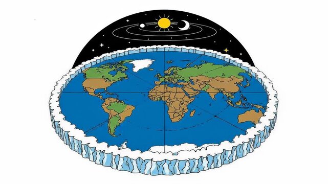 Flat earth map depicts a flat planet, suitable for digital design, conspiracy theory concept, educational purposes, and controversial topics.