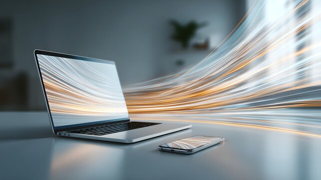 Laptop and a cell phone are on a table with a blurry background