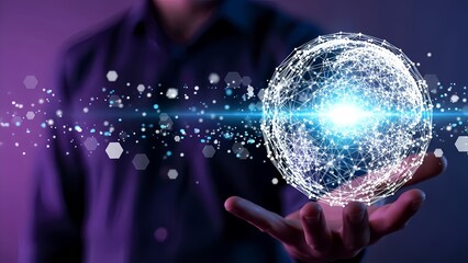 Futuristic Digital Technology Concept with Glowing Holographic Network Globe Over Businessman Hand
