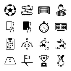 Football Icon Set With Referee Cards, Clock, Tactics Board, Field, Flag, Trophy, Black And White Style