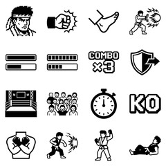 Fighting Game Icon Set With Boxer, Crowd, Boxing Ring, Progress Bars, Clock, Arcade Style