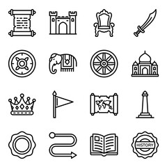 Indian History Icon Set With Elephant Scroll Crown Flag Wheel Throne