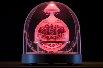 Artificial brain glowing red in a transparent machine, representing advanced ai and technology