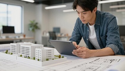 Architect reviewing building model and blueprints on tablet, office setting plans. architect, architecture. - Powered by Adobe