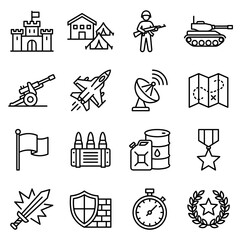 War Strategy Icon Set With Cannon Airplane Flag Ammunition Sword Shield Clock