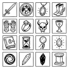 Fantasy artifact icon set featuring gauntlets, ring, skull, book, hourglass, swirl, crystal, and other magical elements.