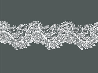 Seamless floral background with lace flowers and leaves.Vector hand made white lace ribbon with flowers