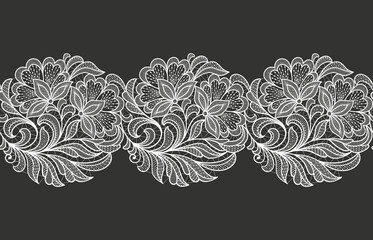 Seamless floral background with lace flowers and leaves.Vector hand made white lace ribbon with flowers