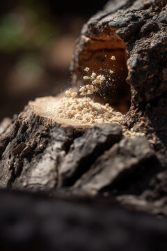 active pest infestation with fresh frass boring dust being pushed out of a hole in dark tree bark