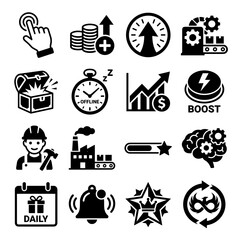 Game Icon Set With Treasure Chest, Time, Arrow, Worker, Factory, Calendar, Bell And Star