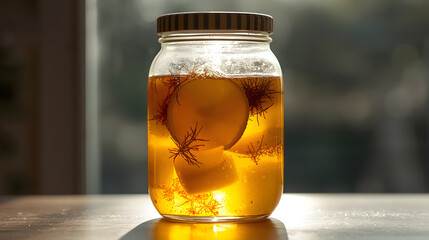 Bright jarred lemon slices with fresh dill and brine high-resolution photo