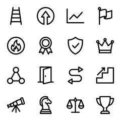 Icon set featuring career growth, career ladder, promotion, performance chart, goal, flame, award, shield, network, door, telescope, chess piece, and triangle icons.