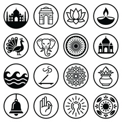 India culture icon set featuring peacock, elephant, waves, incense, bell, hand gesture, and sunburst symbols within circular frames.