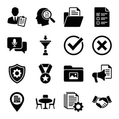 Recruitment Icon Set Featuring Speech Bubble Microphone Funnel Shield Medal Calendar Location Table Document