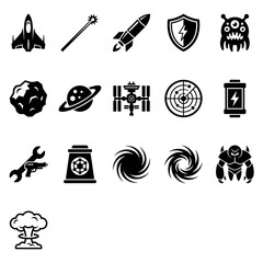 Space Shooter Icon Set With Spaceship Missile Asteroid Planet