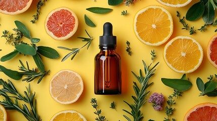 Citrus essential oil dropper with fresh herbs