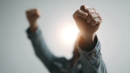 Person is holding their fist up in the air, with their arm extended