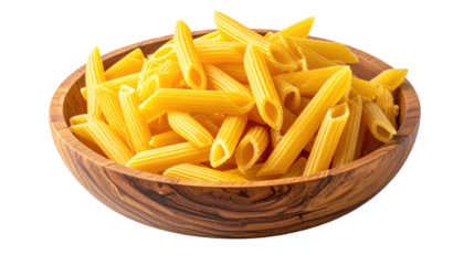 Close-up studio shot of a rustic wooden bowl overflowing with uncooked, dried pasta shapes. The golden-yellow pasta is the central subject
