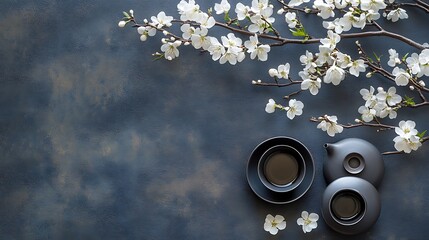Blossoming branch with ceramic teacups