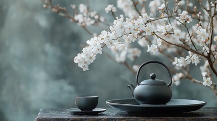 Serene tea setting with blossoming branch