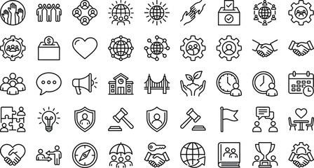 Community and social cooperation icon set featuring teamwork volunteering partnership leadership and global unity symbols for nonprofit organizations and business collaboration
