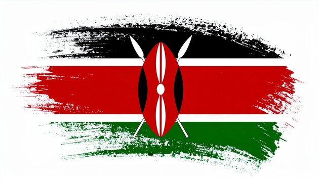 Artistic Kenya Flag with Black Red and Green Paint Brush Strokes and Maasai Shield Symbol