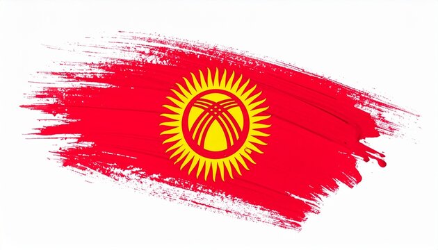 Artistic Kyrgyzstan Flag with Red Paint Brush Strokes and Yellow Sun Tunduk Symbol