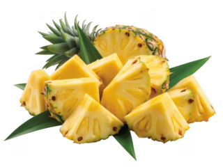 Pineapple slices and half on black with leaves half pineapple isolated on a transparent background