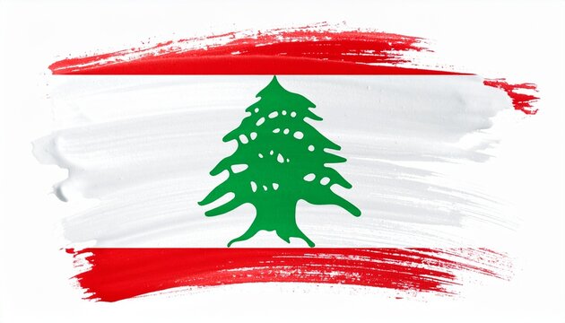 Artistic Lebanon Flag with Red and White Paint Brush Strokes and Green Cedar Tree Symbol