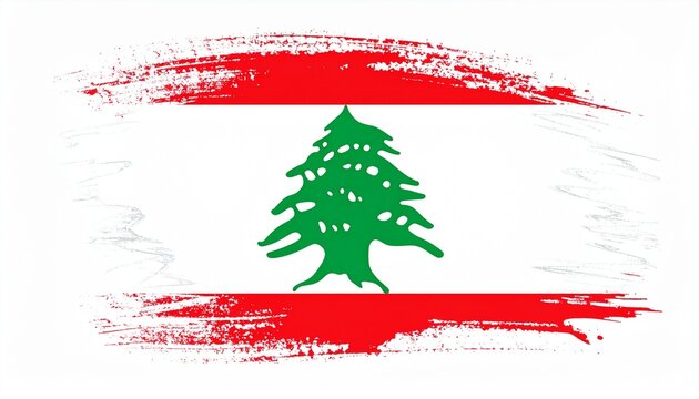 Artistic Lebanon Flag with Red and White Paint Brush Strokes and Green Cedar Tree Symbol