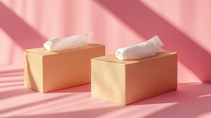 Two tissue boxes on a pink surface