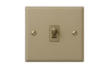 Beige plastic toggle light switch with brass screws for controlling electricity, symbolizing on/off, choice, and decision