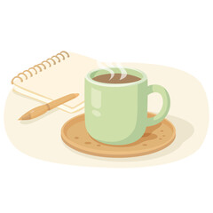 A cup of coffee with a notebook and pen. A morning routine with coffee, making good life resolutions a reality