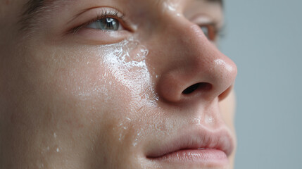 Crystal clear male glass skin with delicate reflectivity showing smooth, hydrated, and glowing facial texture in close up beauty skincare concept