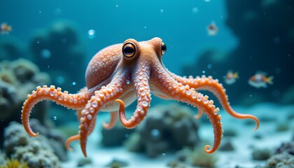 The adorable octopus gracefully glides through the crystal clear waters, its tentacles gently swaying with each fluid movement