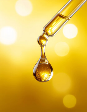 黄金の美容液が滴るスポイト、透明セラムのマクロ撮影、黄色ボケ背景｜Golden serum droplet from dropper, transparent skincare liquid macro on yellow bokeh background