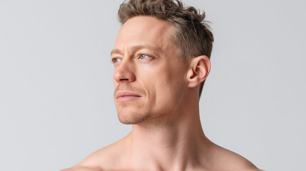 Fototapeta premium Young man with blue eyes and short curly hair looking away with calm expression, bare shoulder visible against plain light background
