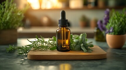 Essential oil bottle on wooden board