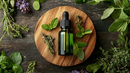 Essential oil display on wooden board