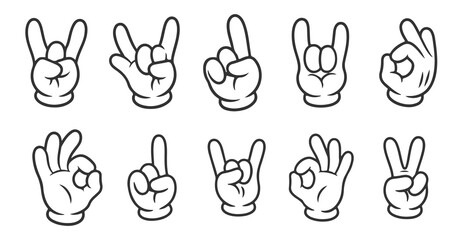 Cartoon Hand Gestures Set, Vector Outline Illustration, White Glove Icons Collection.
