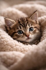Close-up portrait of an adorable kitten resting in a soft, cozy blanket with warm lighting. The image conveys comfort, innocence, and warmth, perfect for pet, lifestyle, and emotional concepts.