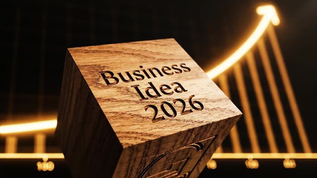 Business idea 2026 on wooden block, Close-up wooden cube engraved Business Idea 2026, detailed wood grain