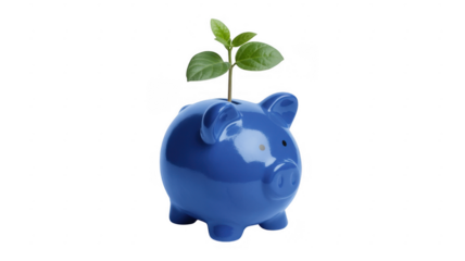Shiny blue piggy bank with green plant on isolated on a transparent background