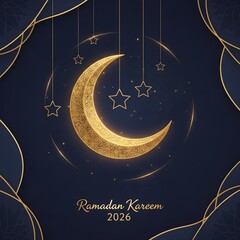 Ramadan Kareem 2026 Crescent Moon and Hanging Stars
